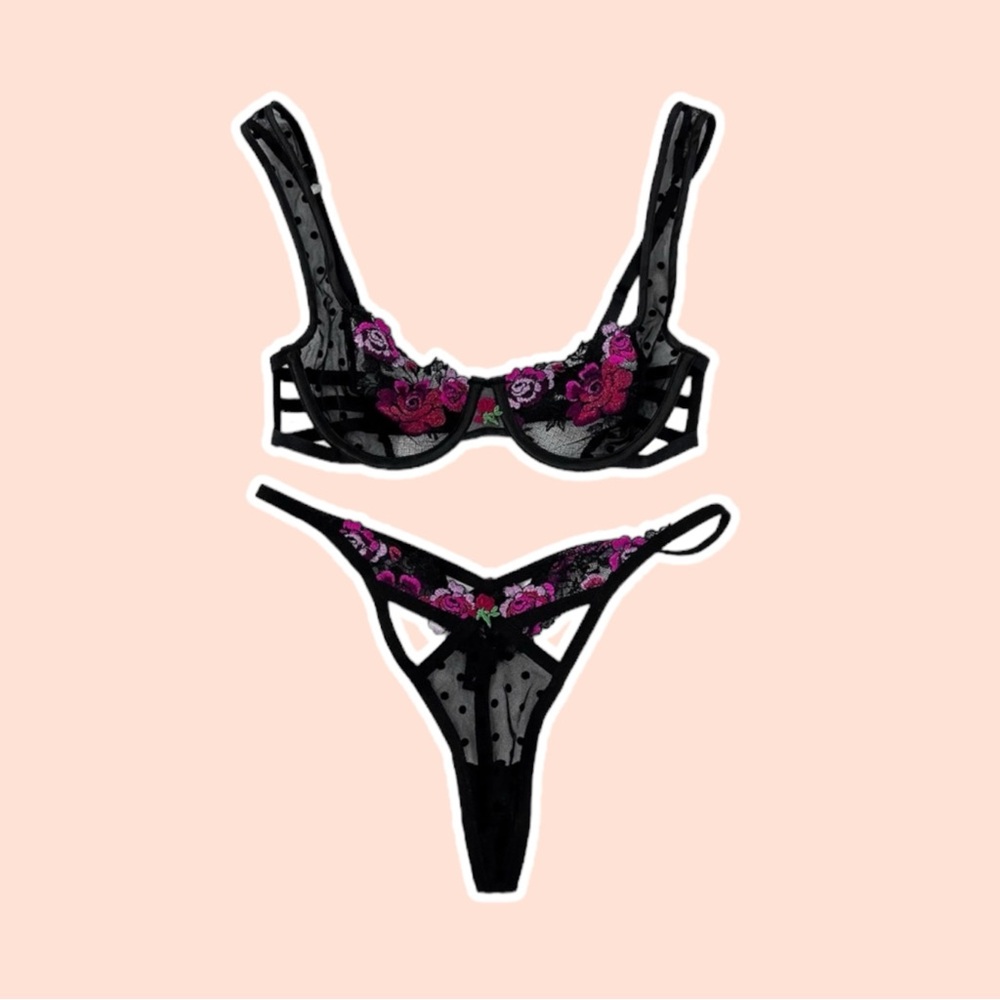 For Love and Lemons Rosy Embroidered Underwire Bra & Thong Set